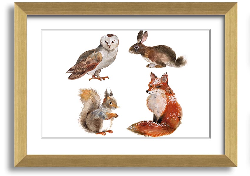 Framed print of woodland animals, showcasing vibrant colors and intricate details, available in various frame colors.