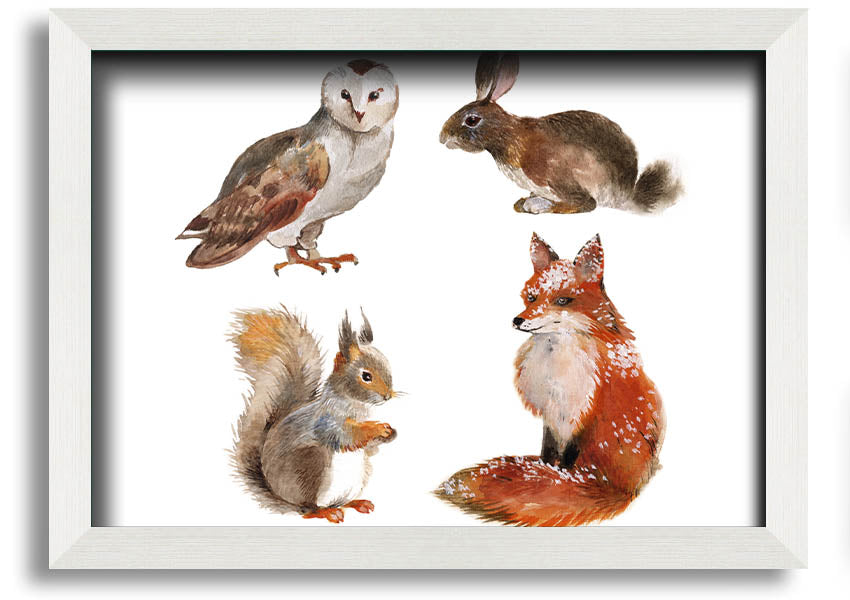 Framed print of woodland animals, showcasing vibrant colors and intricate details, available in various frame colors.