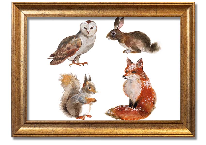 Framed print of woodland animals, showcasing vibrant colors and intricate details, available in various frame colors.