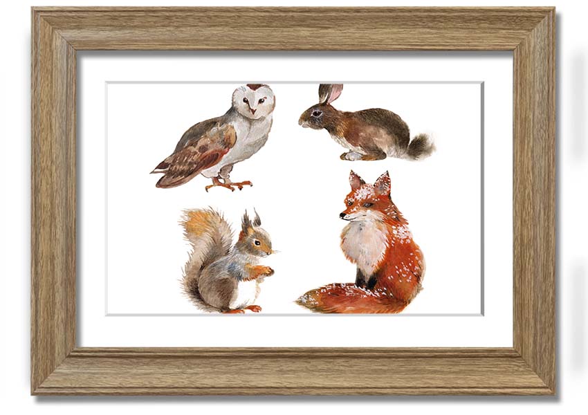 Framed print of woodland animals, showcasing vibrant colors and intricate details, available in various frame colors.