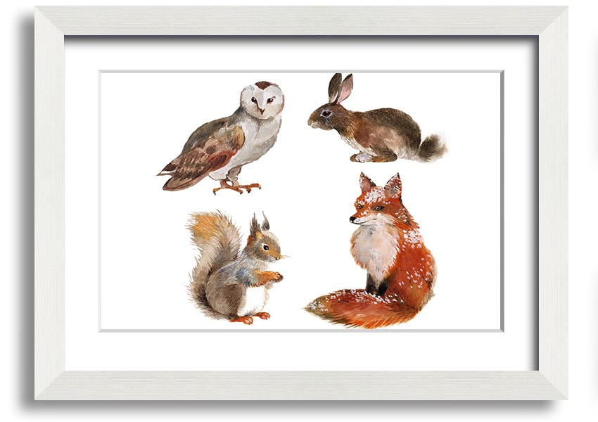 Framed print of woodland animals, showcasing vibrant colors and intricate details, available in various frame colors.