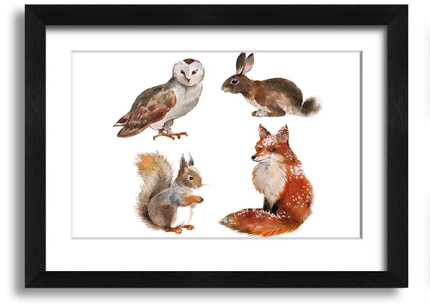 Framed print of woodland animals, showcasing vibrant colors and intricate details, available in various frame colors.