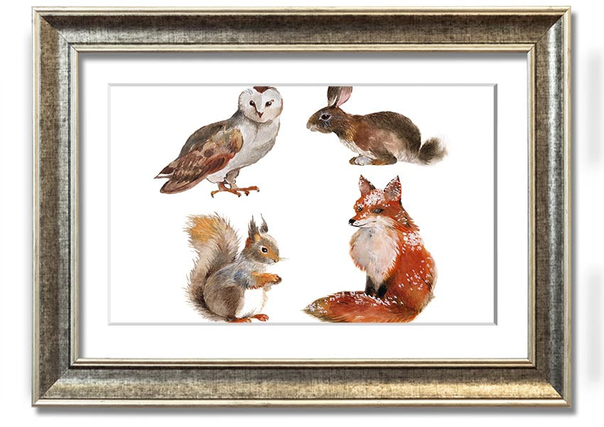 Framed print of woodland animals, showcasing vibrant colors and intricate details, available in various frame colors.