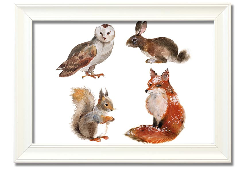 Framed print of woodland animals, showcasing vibrant colors and intricate details, available in various frame colors.