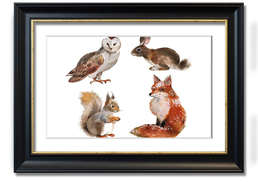 Framed print of woodland animals, showcasing vibrant colors and intricate details, available in various frame colors.