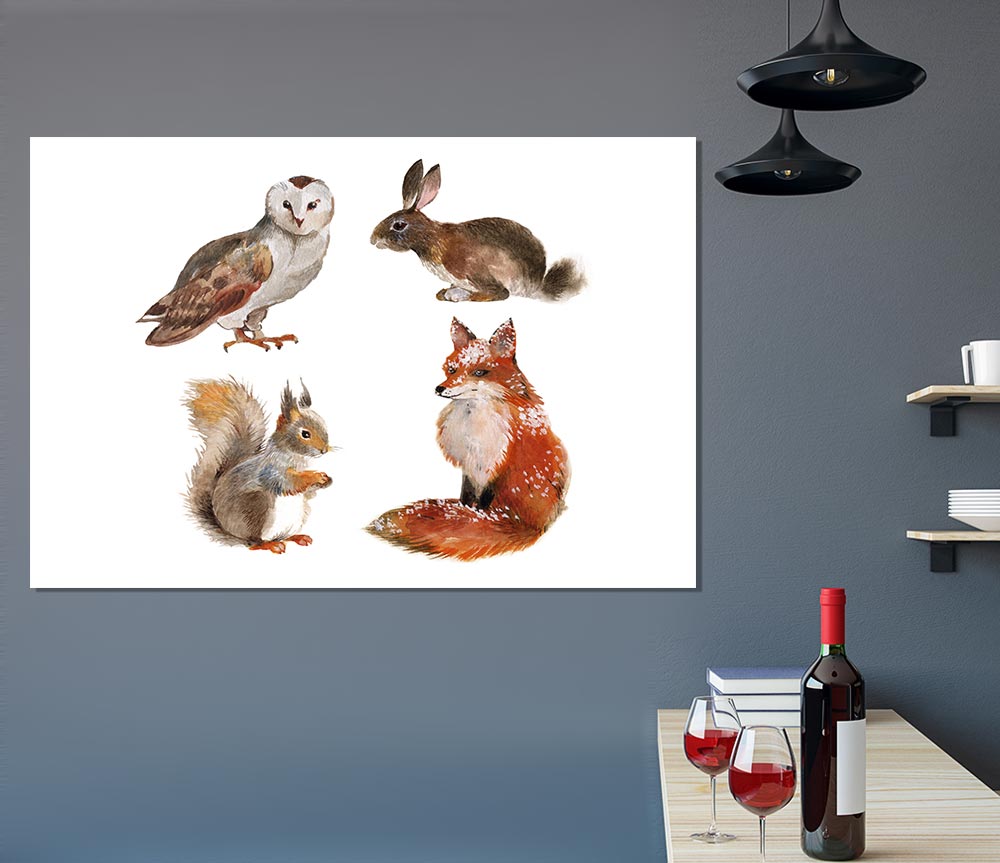 A vibrant canvas poster featuring various woodland animals like deer, foxes, and owls, showcasing their beauty in a natural setting.