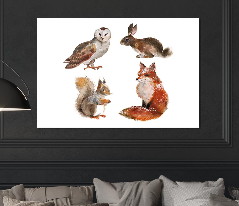 A vibrant canvas poster featuring various woodland animals like deer, foxes, and owls, showcasing their beauty in a natural setting.