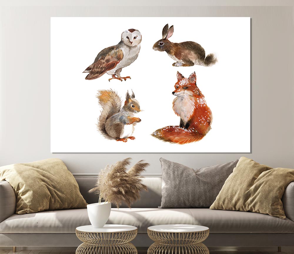 A vibrant canvas poster featuring various woodland animals like deer, foxes, and owls, showcasing their beauty in a natural setting.