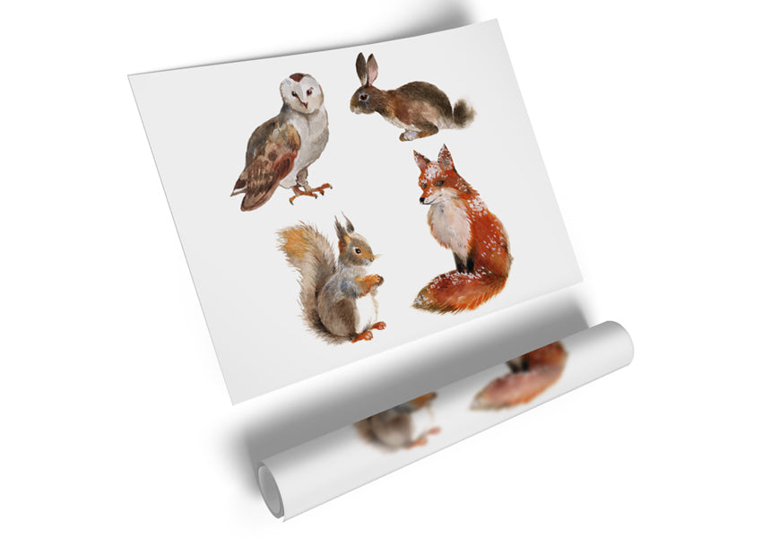 A vibrant canvas poster featuring various woodland animals like deer, foxes, and owls, showcasing their beauty in a natural setting.