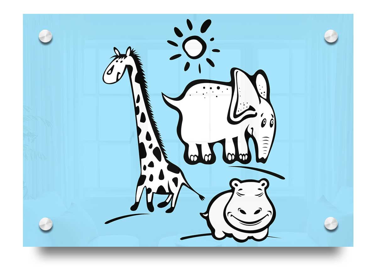 Animals Under The Sun Baby Blue acrylic print featuring vibrant colors and playful animal designs, perfect for children's rooms.