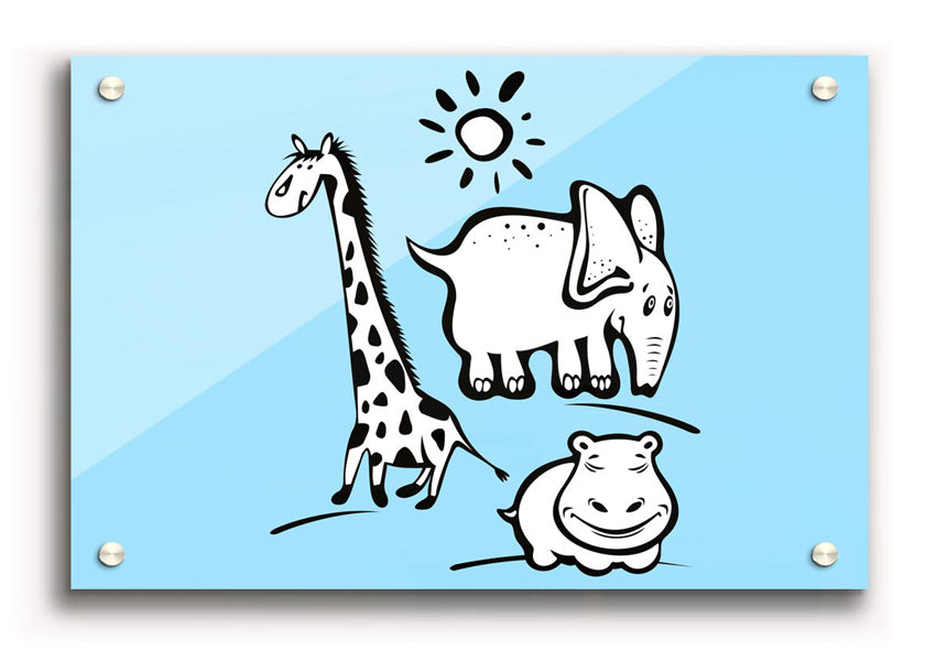 Animals Under The Sun Baby Blue acrylic print featuring vibrant colors and playful animal designs, perfect for children's rooms.