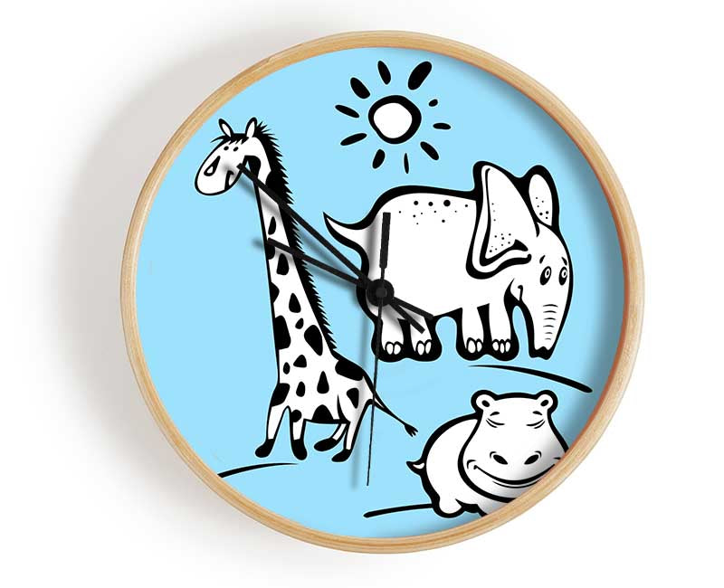 Animals Under The Sun Baby Blue clock made from natural bamboo with a round face and clear Plexiglas lens, available in multiple colors.