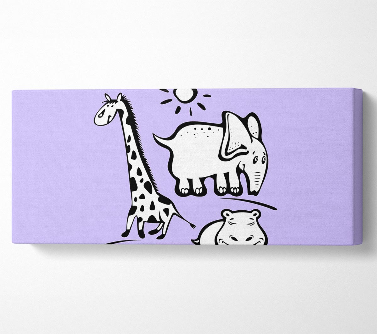 Animals Under The Sun Lilac canvas art featuring vibrant lilac colors and playful animal designs, mounted on a sturdy box frame.