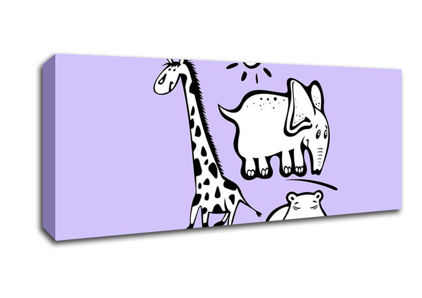 Animals Under The Sun Lilac canvas art featuring vibrant lilac colors and playful animal designs, mounted on a sturdy box frame.