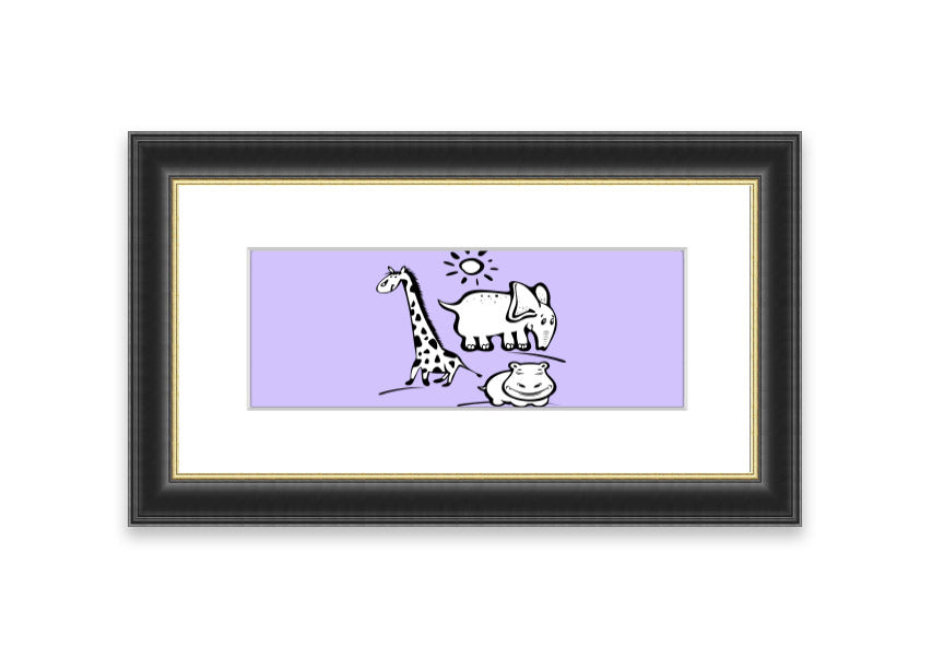 Framed print of Animals Under The Sun in lilac, showcasing vibrant colors and intricate details, ready to hang.