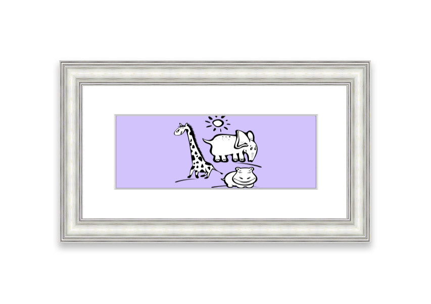 Framed print of Animals Under The Sun in lilac, showcasing vibrant colors and intricate details, ready to hang.