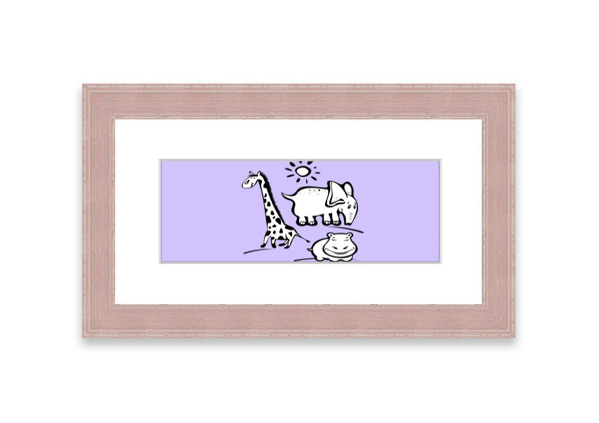 Framed print of Animals Under The Sun in lilac, showcasing vibrant colors and intricate details, ready to hang.