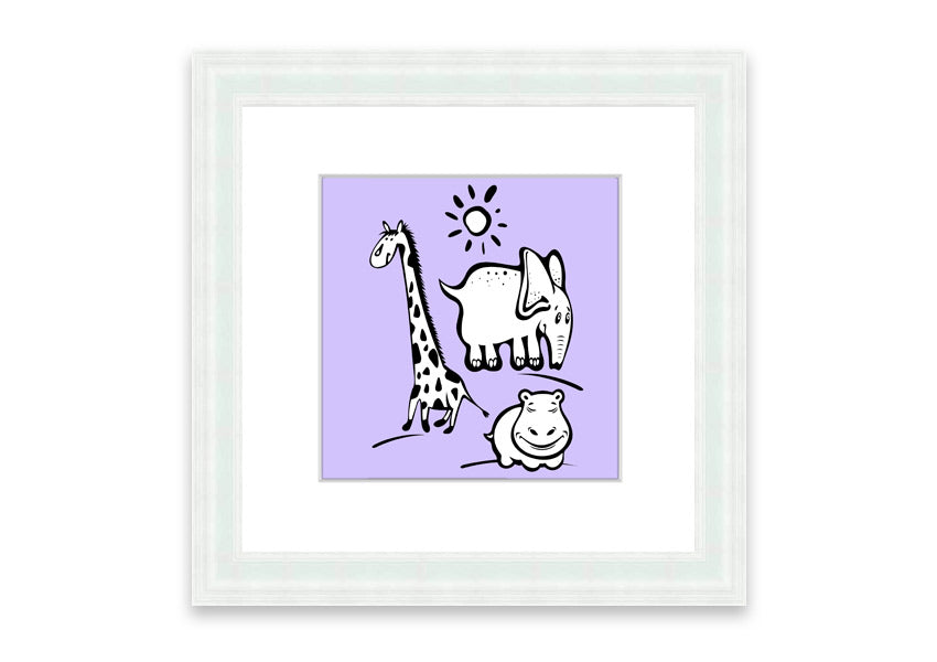 Framed print of Animals Under The Sun in lilac, showcasing vibrant colors and intricate details, ready to hang.