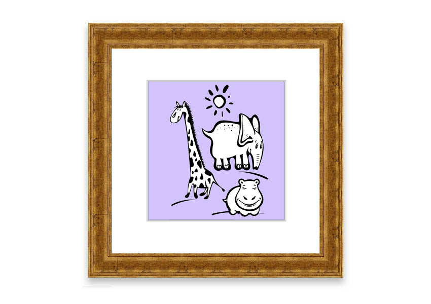 Framed print of Animals Under The Sun in lilac, showcasing vibrant colors and intricate details, ready to hang.