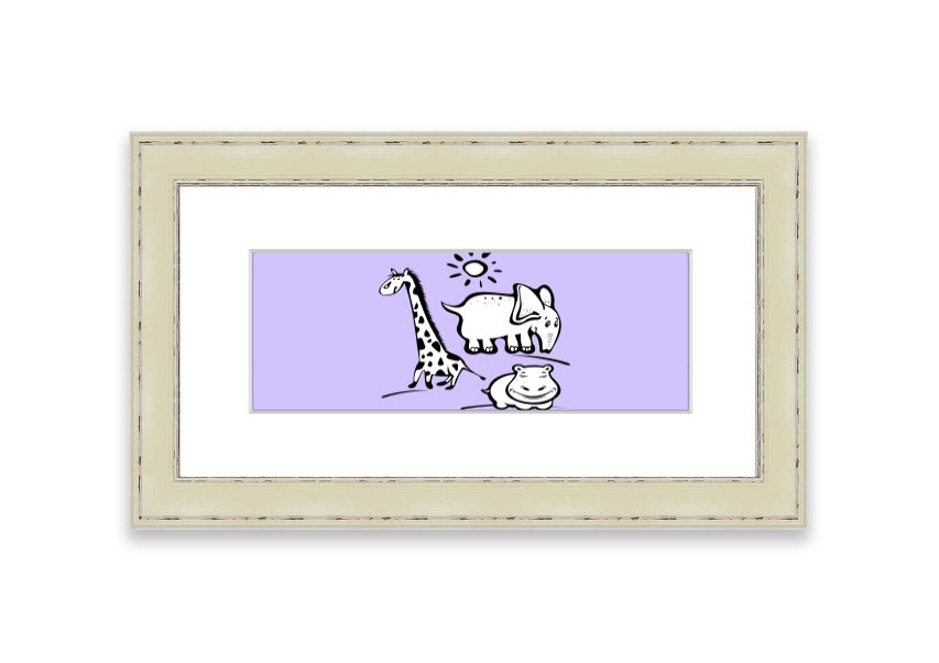 Framed print of Animals Under The Sun in lilac, showcasing vibrant colors and intricate details, ready to hang.