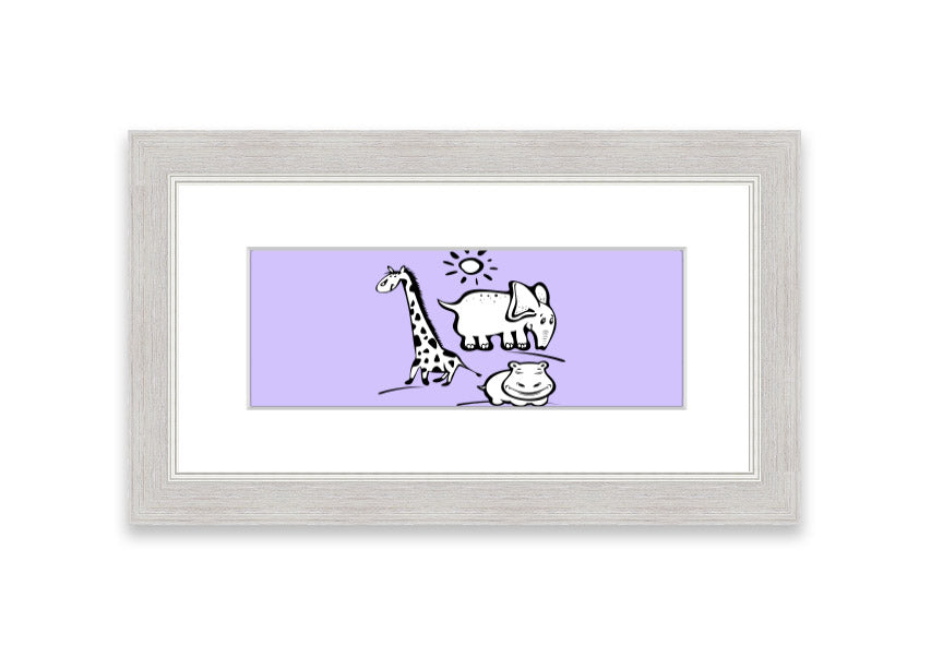 Framed print of Animals Under The Sun in lilac, showcasing vibrant colors and intricate details, ready to hang.