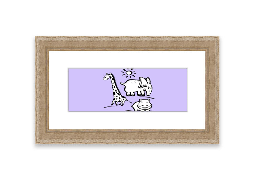 Framed print of Animals Under The Sun in lilac, showcasing vibrant colors and intricate details, ready to hang.