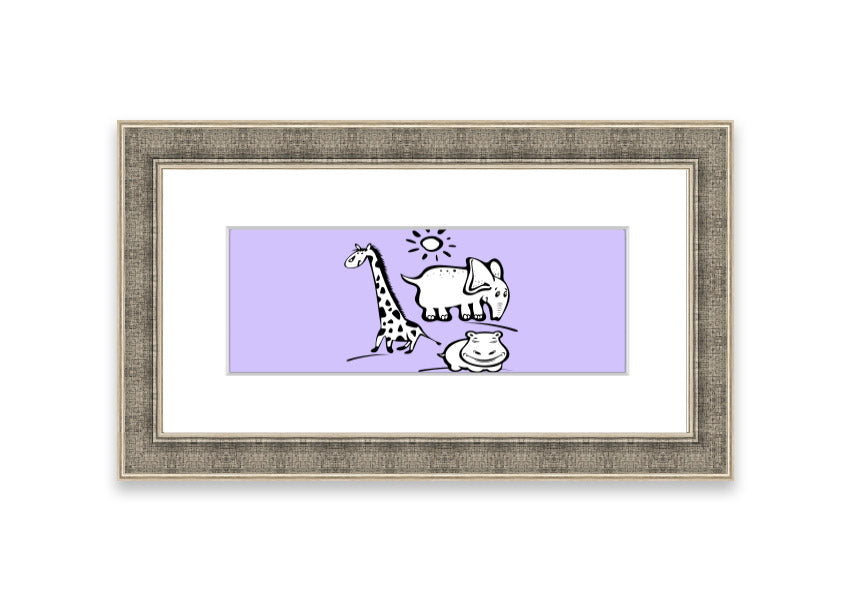 Framed print of Animals Under The Sun in lilac, showcasing vibrant colors and intricate details, ready to hang.