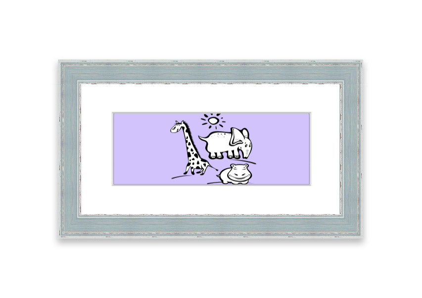 Framed print of Animals Under The Sun in lilac, showcasing vibrant colors and intricate details, ready to hang.