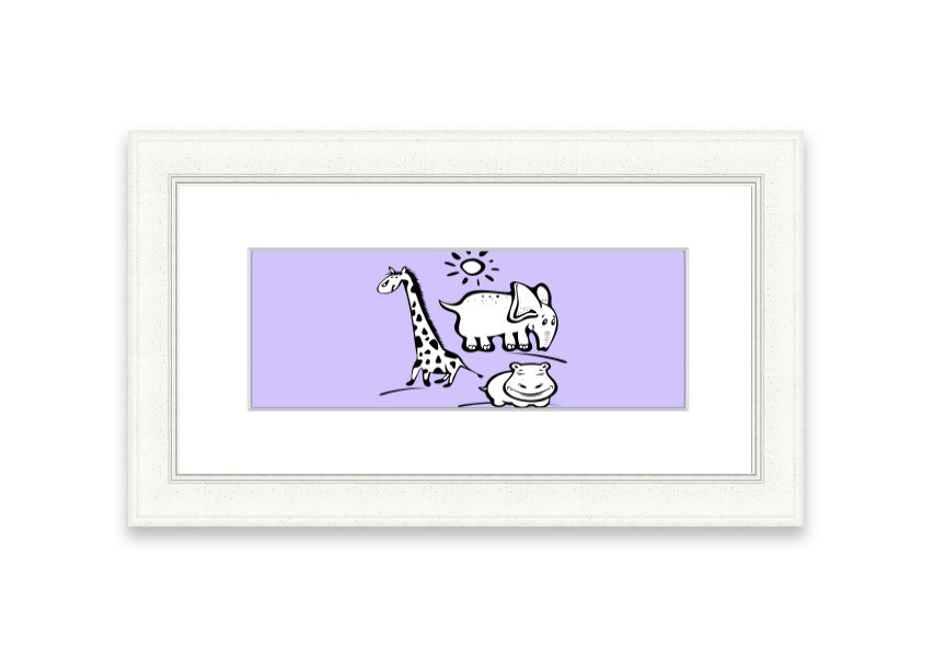 Framed print of Animals Under The Sun in lilac, showcasing vibrant colors and intricate details, ready to hang.