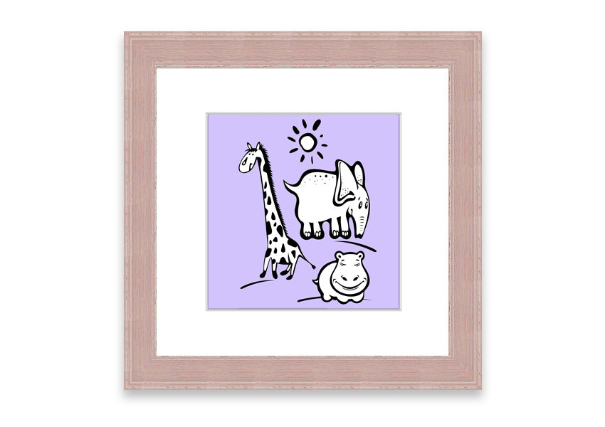 Framed print of Animals Under The Sun in lilac, showcasing vibrant colors and intricate details, ready to hang.