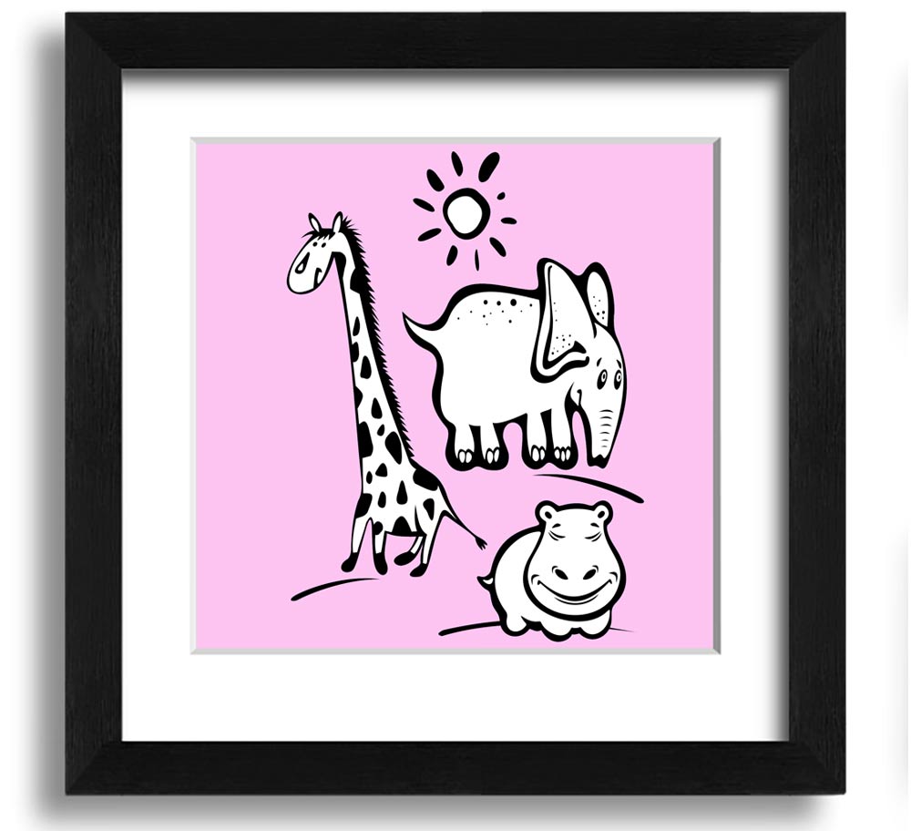 Animals Under The Sun Pink square framed print with vibrant colors and intricate wildlife details, ready to hang.