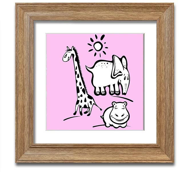 Animals Under The Sun Pink square framed print with vibrant colors and intricate wildlife details, ready to hang.