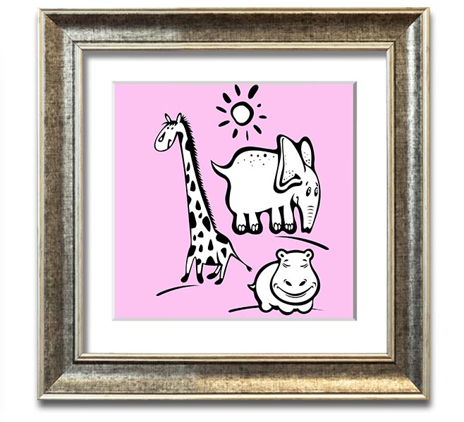 Animals Under The Sun Pink square framed print with vibrant colors and intricate wildlife details, ready to hang.