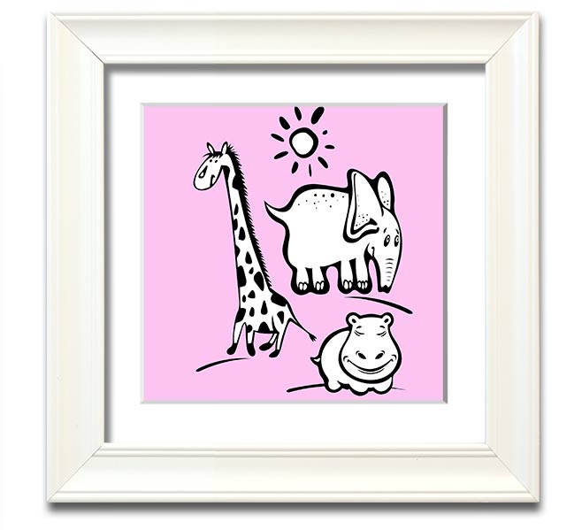 Animals Under The Sun Pink square framed print with vibrant colors and intricate wildlife details, ready to hang.