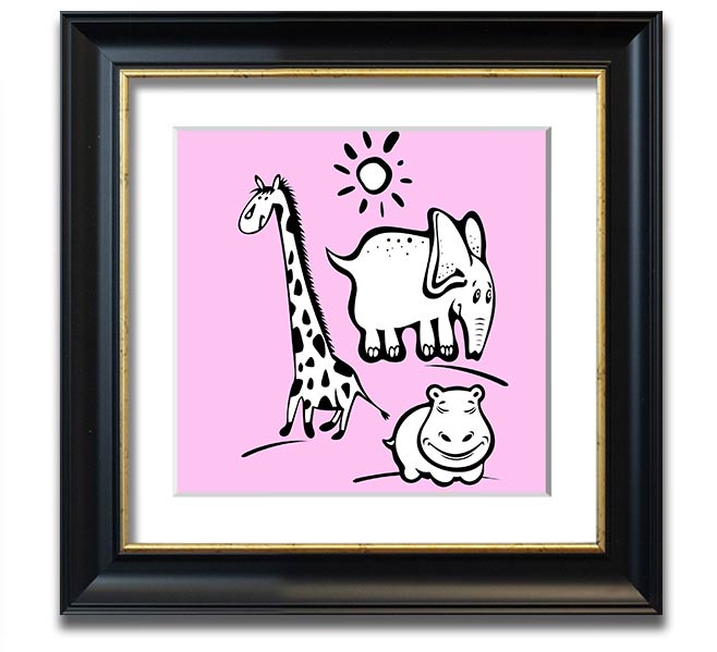 Animals Under The Sun Pink square framed print with vibrant colors and intricate wildlife details, ready to hang.