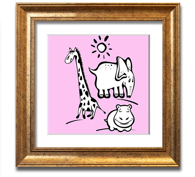 Animals Under The Sun Pink square framed print with vibrant colors and intricate wildlife details, ready to hang.