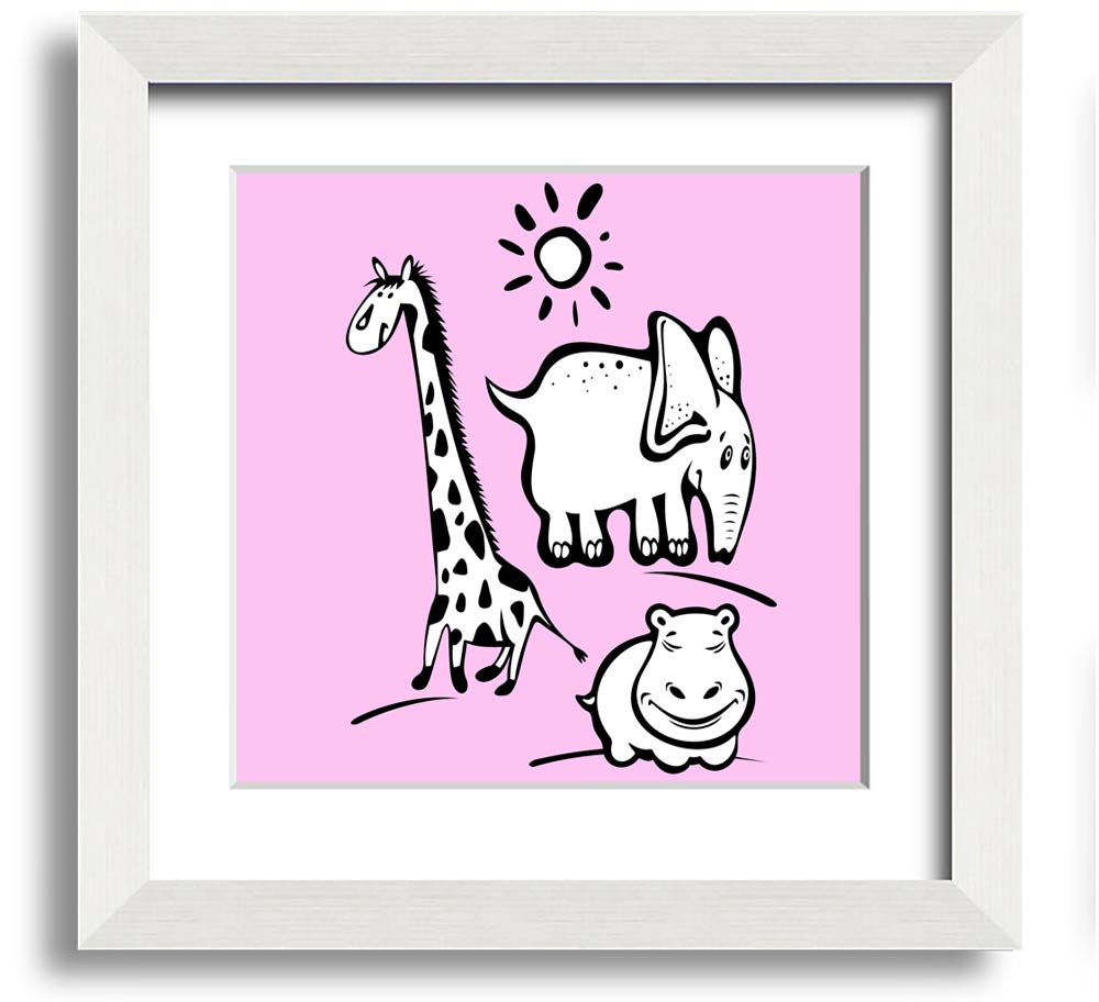 Animals Under The Sun Pink square framed print with vibrant colors and intricate wildlife details, ready to hang.