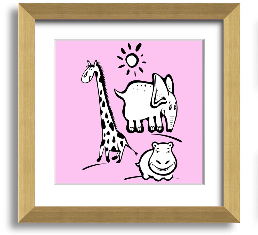 Animals Under The Sun Pink square framed print with vibrant colors and intricate wildlife details, ready to hang.