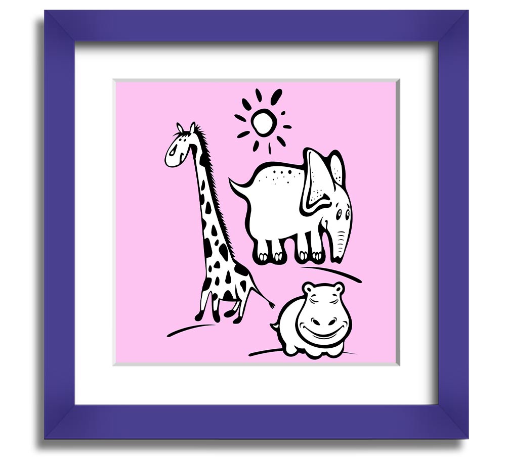 Animals Under The Sun Pink square framed print with vibrant colors and intricate wildlife details, ready to hang.