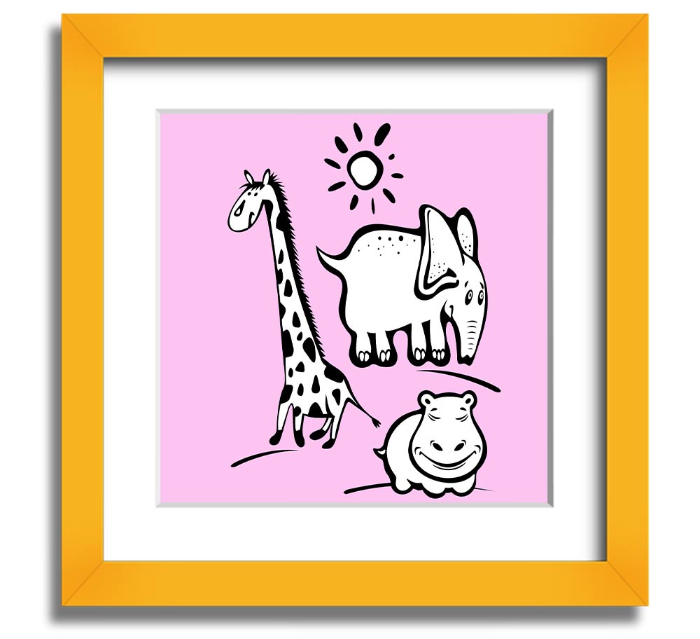 Animals Under The Sun Pink square framed print with vibrant colors and intricate wildlife details, ready to hang.