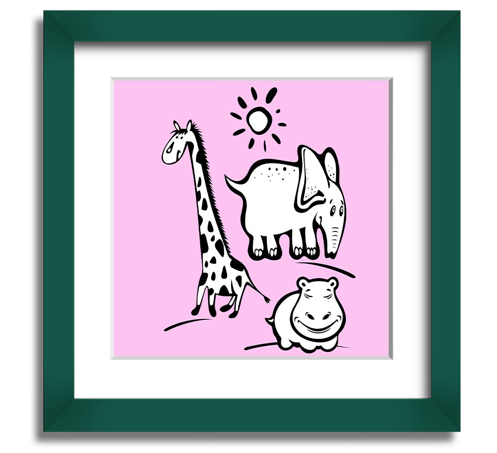 Animals Under The Sun Pink square framed print with vibrant colors and intricate wildlife details, ready to hang.