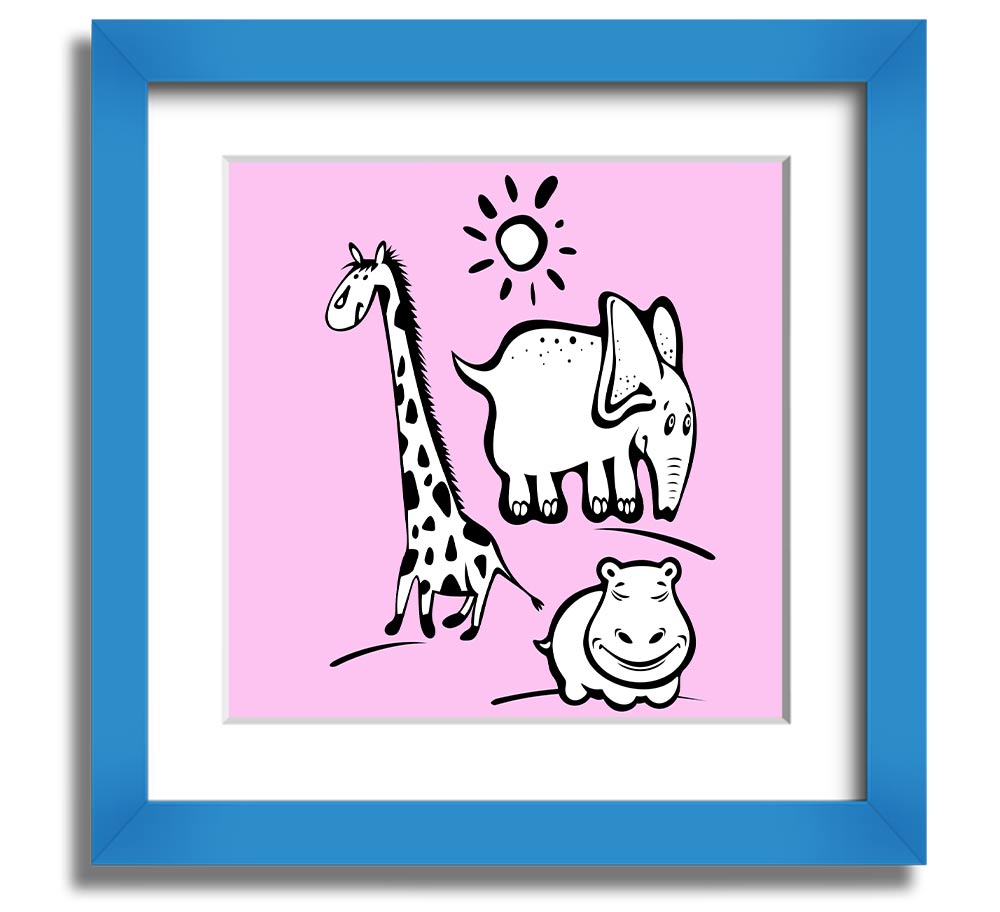 Animals Under The Sun Pink square framed print with vibrant colors and intricate wildlife details, ready to hang.