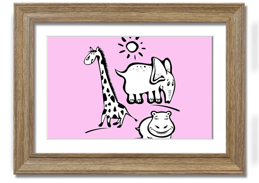 A vibrant framed print titled 'Animals Under The Sun Pink', showcasing colorful animals under a bright sun, ready to hang.