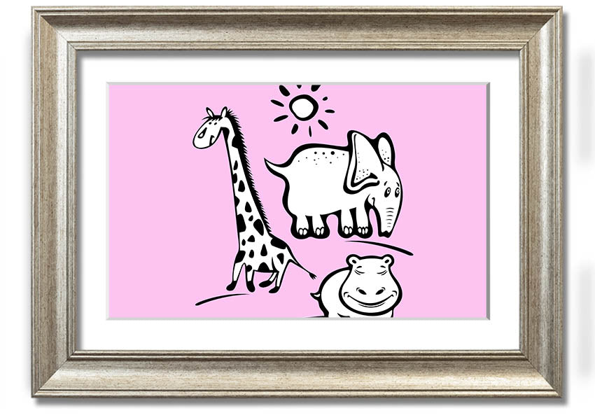 A vibrant framed print titled 'Animals Under The Sun Pink', showcasing colorful animals under a bright sun, ready to hang.