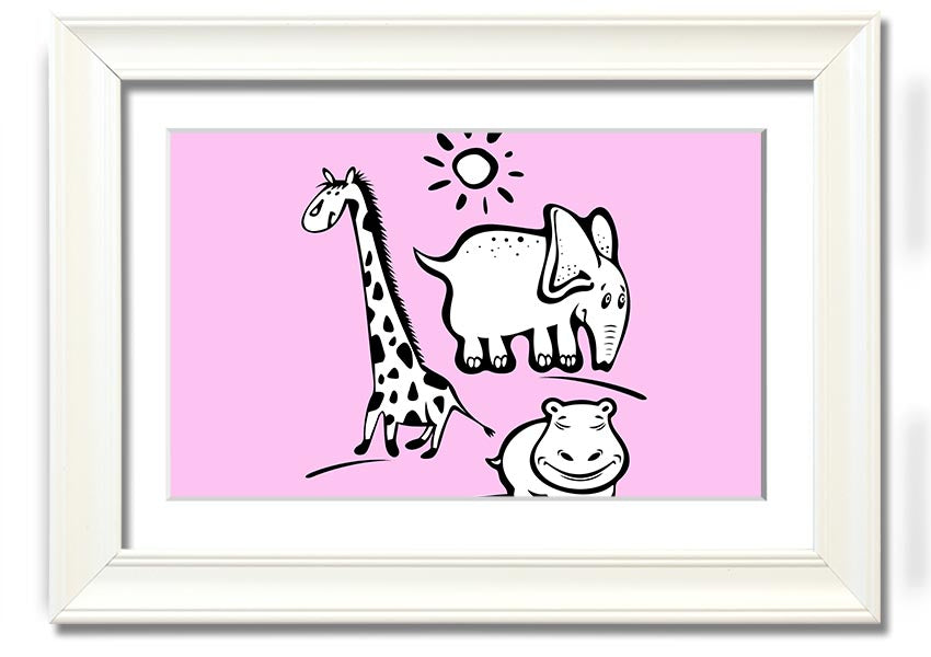 A vibrant framed print titled 'Animals Under The Sun Pink', showcasing colorful animals under a bright sun, ready to hang.