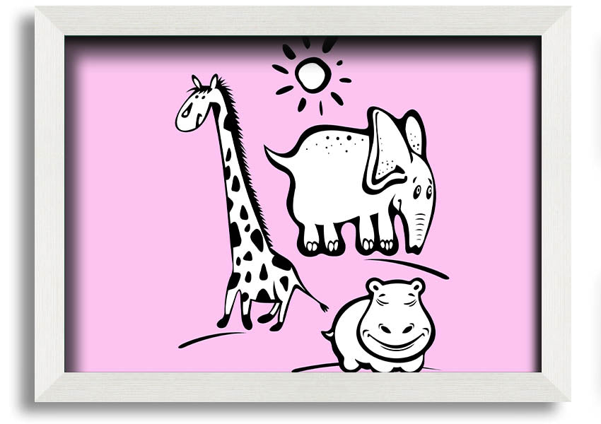 A vibrant framed print titled 'Animals Under The Sun Pink', showcasing colorful animals under a bright sun, ready to hang.