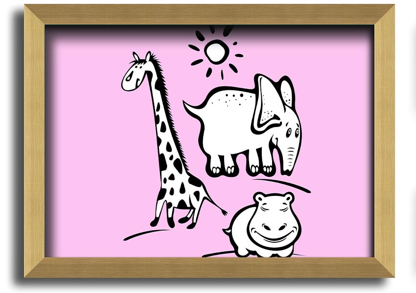 A vibrant framed print titled 'Animals Under The Sun Pink', showcasing colorful animals under a bright sun, ready to hang.