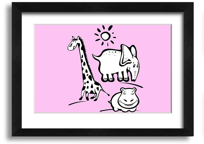 A vibrant framed print titled 'Animals Under The Sun Pink', showcasing colorful animals under a bright sun, ready to hang.