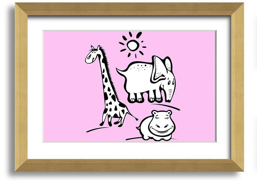 A vibrant framed print titled 'Animals Under The Sun Pink', showcasing colorful animals under a bright sun, ready to hang.