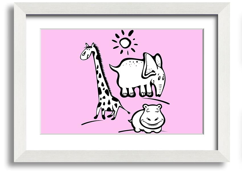 A vibrant framed print titled 'Animals Under The Sun Pink', showcasing colorful animals under a bright sun, ready to hang.